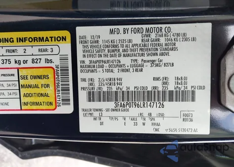 2020 Ford Fusion Se z USA, uszkodzony, nr VIN 3FA6P0T96LR147126